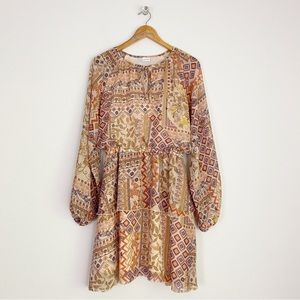 LASCANA Chiffon Tie Neck Ruffle Hem Balloon Sleeve Dress Tan Floral Size 4